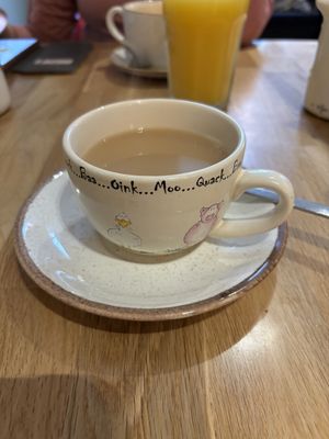 Breakfast tea with oat milk, and a super cute cup 😍  at Holy Cow in Edinburgh