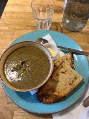 Mushroom soup and sourdough toast at Holy Cow in Edinburgh