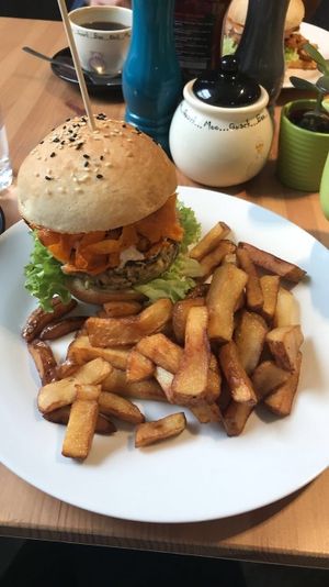 Seasoned Zucchini burger with chips! at Holy Cow in Edinburgh