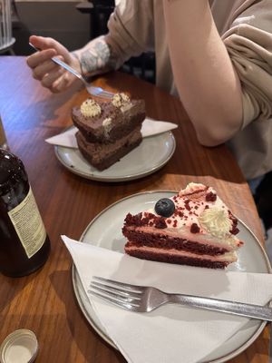 Red velvet cake and double chocolate cake  at Holy Cow in Edinburgh