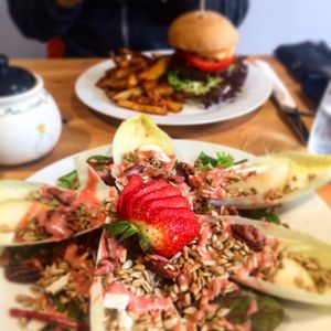 Pear and blue cheese salad; Quarter pounder at Holy Cow in Edinburgh