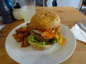 Zucchini Burger with potatoe wedges at Holy Cow in Edinburgh