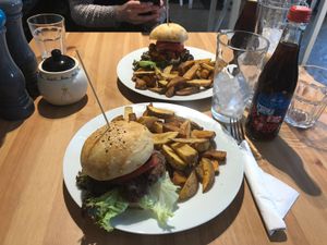 Quarter Pounder (front) and Pulled Jackfruit Burger (behind) with tasty fries at Holy Cow in Edinburgh