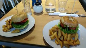 Portobello and quarter bean burgers, yummy at Holy Cow in Edinburgh