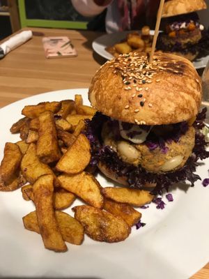 Thai carrot burger and chips at Holy Cow in Edinburgh