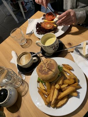The quarter pounder and CBLT. The food is a bit messy and the cafe drinks are wonderful. at Holy Cow in Edinburgh