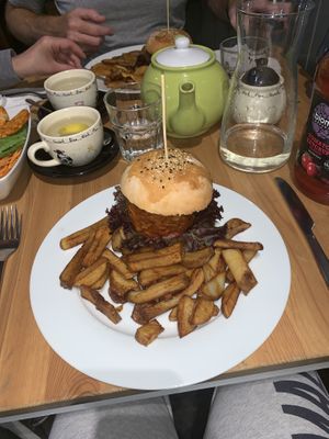 BBQ Jackfruit Burger and fries at Holy Cow in Edinburgh
