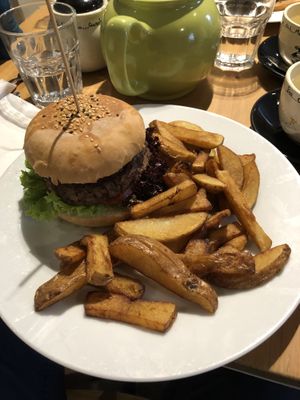 Soy protein & bean burger with fries  at Holy Cow in Edinburgh