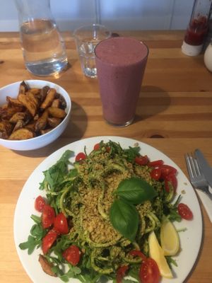 Courgette and pesto salad, chips and banana and strawberry smoothie  at Holy Cow in Edinburgh