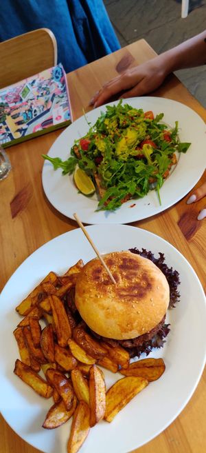 Burger and avocado sandwich under the rocket  at Holy Cow in Edinburgh