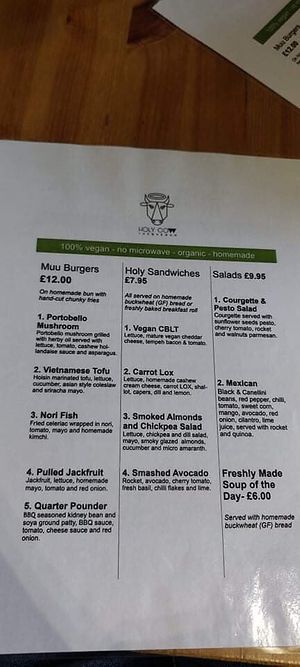 Menu  at Holy Cow in Edinburgh