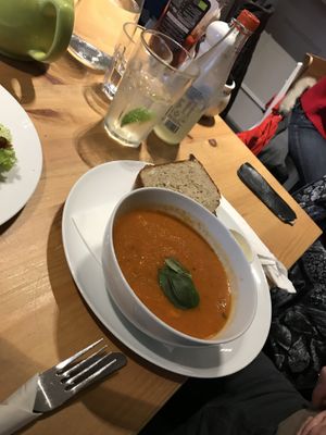 Tomato and basil soup at Holy Cow in Edinburgh
