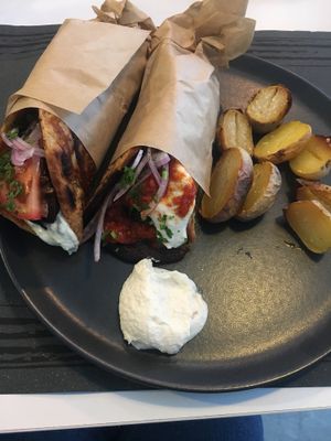 Vegan Souvlaki made with mushroom with garlic (vegan) mayo and date& tomato ketchup at Lime Bistro in Athens