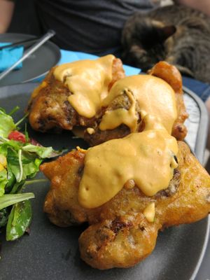 mushroom donuts with potato cheese and delicious  fresh salad with lime dressing at Lime Bistro in Athens