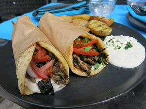 soulvaki with oyster mushrooms served with grilled potatoes  at Lime Bistro in Athens