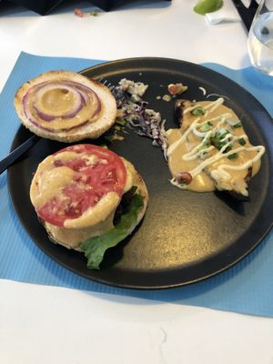 Mushroom burger with sweet potato side  at Lime Bistro in Athens