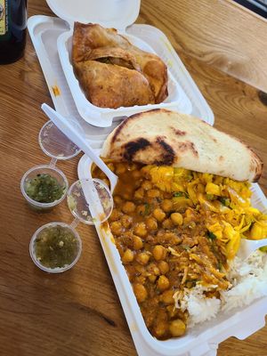 Samosa. Chana Masala, Cabbage and Peas over Rice! at Flavors of India in Columbus