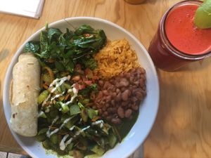 Veggie bowl and Pick Me Up juice with beets at Tumerico in Tucson