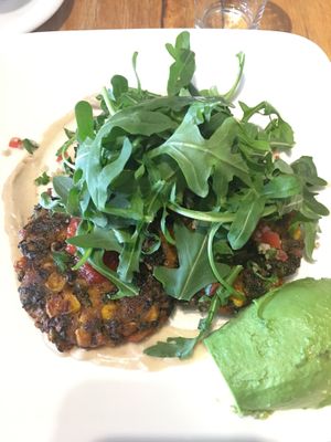 Zucchini Fritters, packed rocket on top to make it look full.  at The Lilydale General in Lilydale