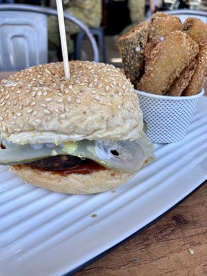 Fable Spicy Cheeseburger with zucchini fries at Grill'd in Townsville