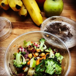 Seasonal and organic salad. Chia pudding made with organic milk. at Love Me Cru in Paris