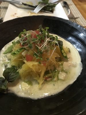 Butternut squash spaghetti with coconut cream sauce and assorted vegetables at JO2 in Kapaa