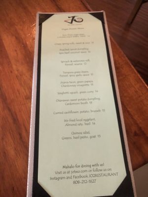 vegan menu  at JO2 in Kapaa