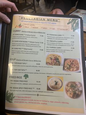 About two and a half pages of vegetarian options, that all exclude egg and fish sauce, making many (if not all) vegan  at MyThai in Anchorage