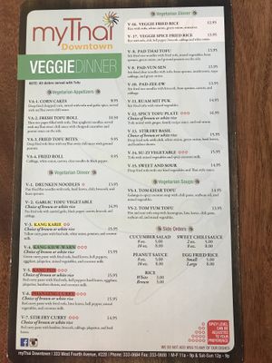 Veg dinner menu at MyThai in Anchorage