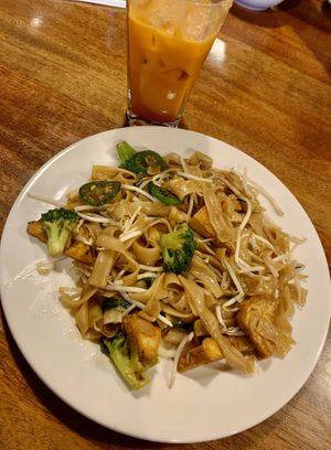 Drunken tofu noodles & Thai tea w/ coconut milk at MyThai in Anchorage