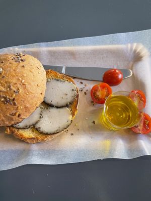 Brioche with vegan cheese at La Vegana in Sevilla