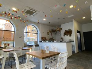 Seating bar in background   at La Vegana in Sevilla