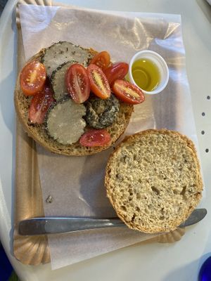 Roulade cheese and plum tomato with olive oil   at La Vegana in Sevilla