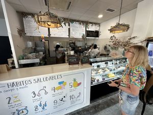 Core menu above the counter (specials on chalkboards)   at La Vegana in Sevilla