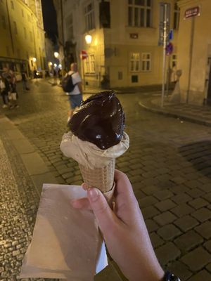 a scoop of chocolate and a scoop of salted peanut butter   at Creme de la Creme in Prague