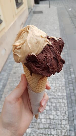 vegan chocolate and salted peanut ice cream cone at Creme de la Creme in Prague