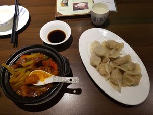 Left: potatoes and "meat" (my favorite) | Right: dumplings (nice but pretty boring) at Super Vegan - Xujiahui in Shanghai
