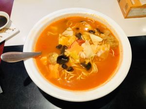 Vegan sliced noodle soup with assorted vegetables.   at Super Vegan - Xujiahui in Shanghai