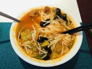 Vegan sliced noodle soup with assorted vegetables.   at Super Vegan - Xujiahui in Shanghai