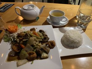 Garlic and Black Pepper tofu stir fry with jasmine rice and green tea    at Thai Box in Christchurch