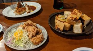 Crispy chicken & gyoza were nice but the crispy tofu was horrible. Served cold and tasted like stale bread. Also some were burnt! at Shibata Restaurant in Myoko