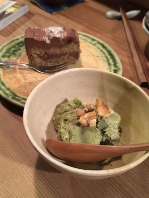 Vegan chocolate cake and vegan matcha ice cream. at Megumi in Osaka