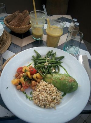 This meal was vegetarian but I changed the cheese cream for a piece of avocado. 
And green smoothie of course! at NOMAD in Marrakech