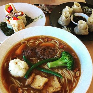 Noodle soup, vege rolls and dumplings  at The Origin in Christchurch