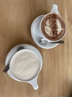 Soy hot chocolate and oat black sesame latte  at The Origin in Christchurch