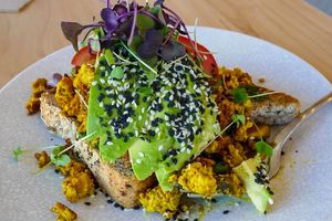 Healthy everything tofu scramble, and the colors are a feast for the eyes! at The Origin in Christchurch