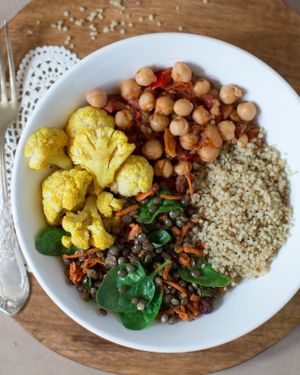 Shanti Express Macro Bowl: - Chickpea Stew - Quinoa - Curried Cauliflower - Lentil and Kale Salad at Two Tablespoons in New York City