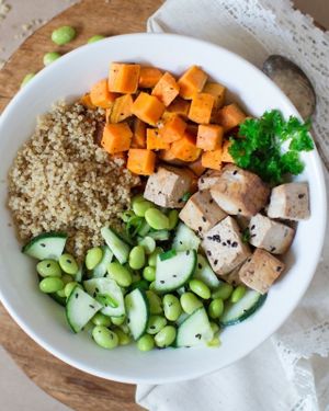 Satori Bento Macro Bowl: - Baked Tofu - Quinoa - Roasted Squash - Edamame and Cucumber Salad at Two Tablespoons in New York City