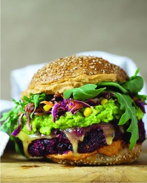 Smoky black bean and beet burger with home made bbq sauce at Two Tablespoons in New York City