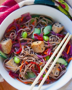 Ginger Miso Noodel Bowl with: - Edamame - Cucumbers - Baked tofu - Roasted cabbage at Two Tablespoons in New York City
